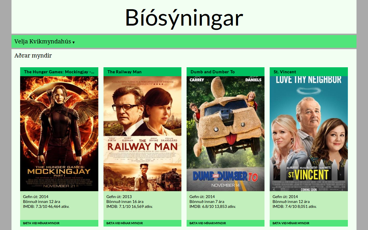 Sample screenshot of the cinema site